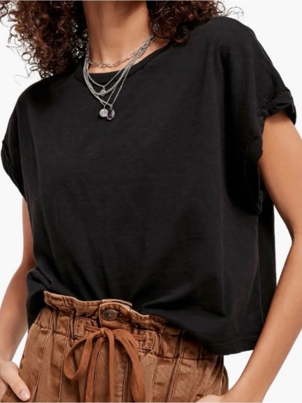 Free People You Rock Black Rolled-Sleeve Boxy Crewneck Tee